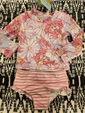 NWT Umelok Girls Pink Floral Long Sleeve Rash Guard Set, Size 12M